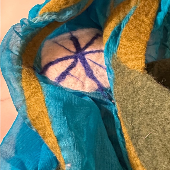 Turquoise Silk Chiffon Scarf with Felted Wool Floral Decor - Picture 3 of 5